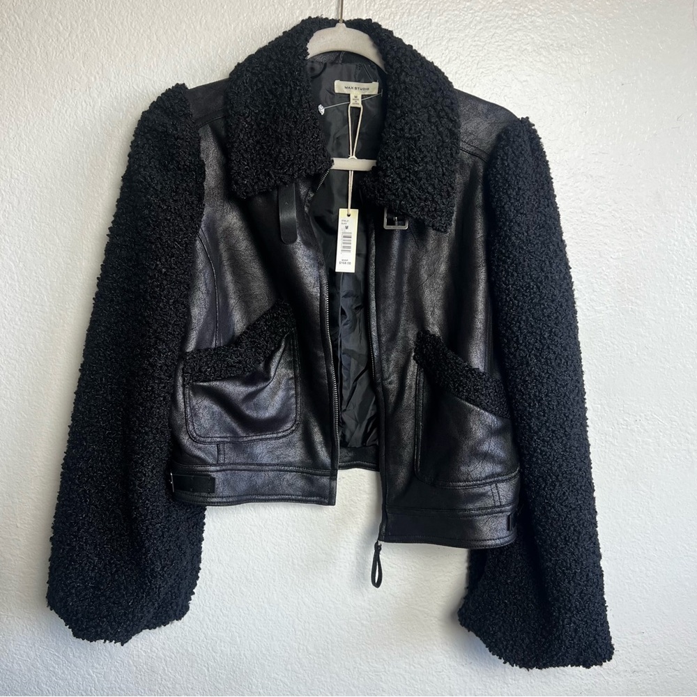MAX STUDIO LONDON Faux Leather Jacket With Fur Sleeves And Collar Size M NWT - Picture 2 of 10